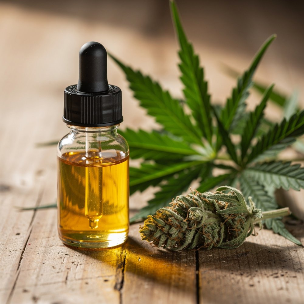 fľaša CBD oleja s kvapkadlom a konopnými listami