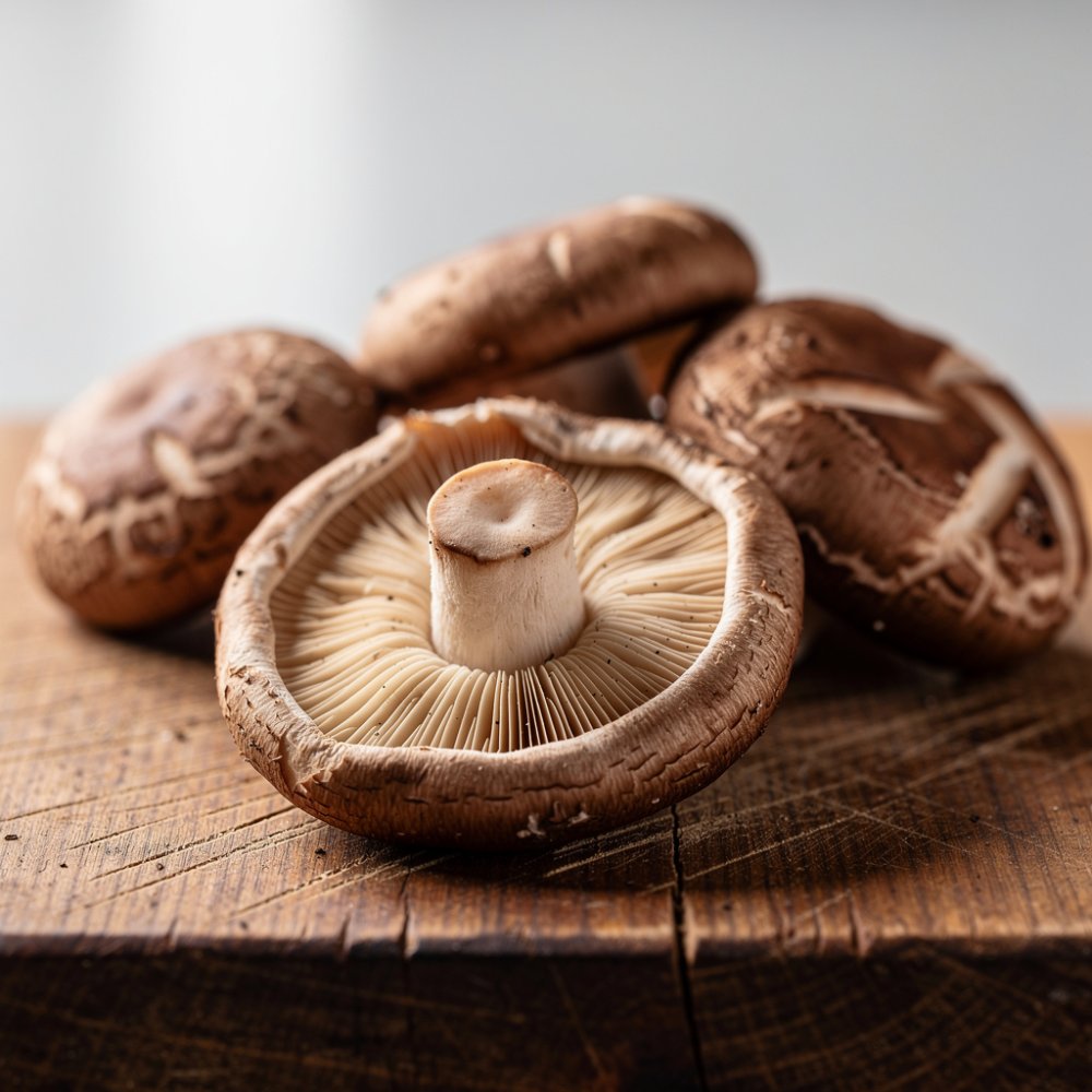 Čerstvé shiitake huby na drevenom doske Čerstvé shiitake huby na drevenom doske