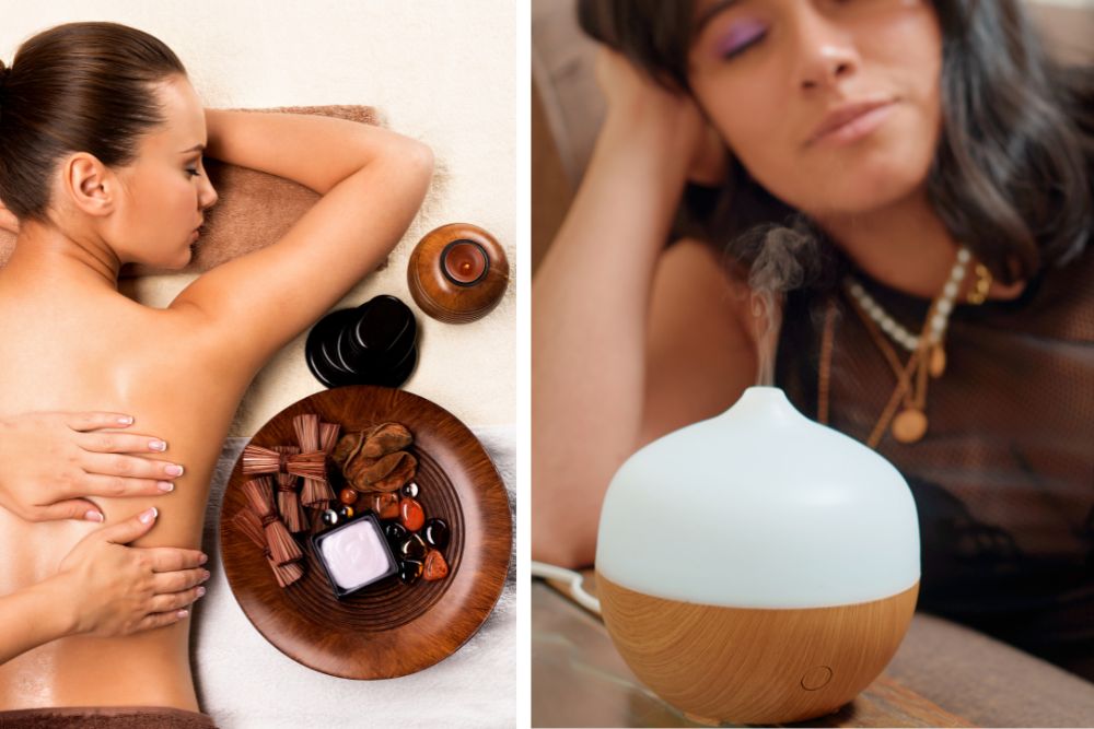Relaxačná aromaterapia – difuzér s esenciálnym olejom a sviečky v pokojnom prostredí