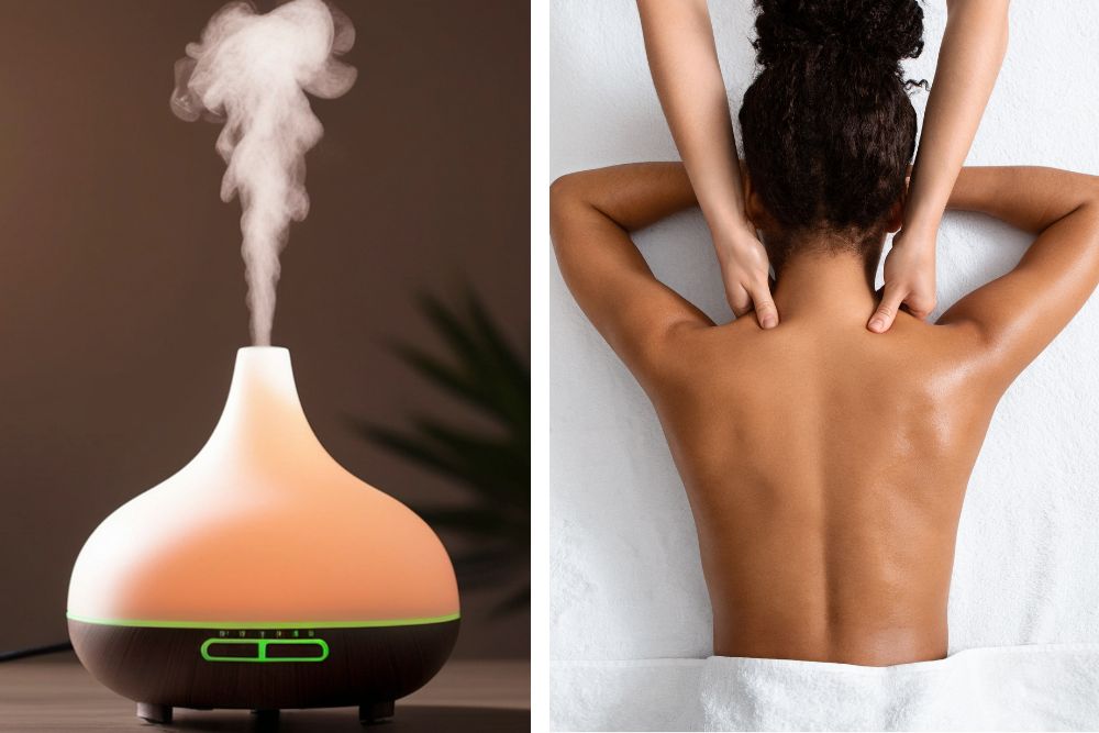 Aromadifuzér s esenciálnym olejom a relaxačná masáž chrbta pre aromaterapiu