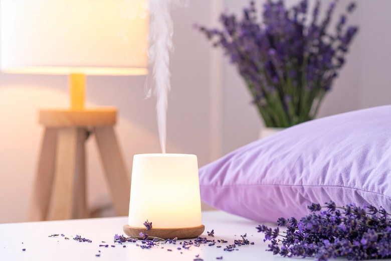 Aroma difuzér s levanduľou na nočnom stolíku v spálni.