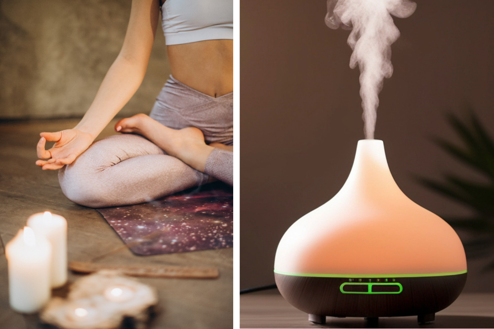 Žena pri relaxácii a aromadifuzér s jemnou parou, atmosféra domácej aromaterapie a pokoj.