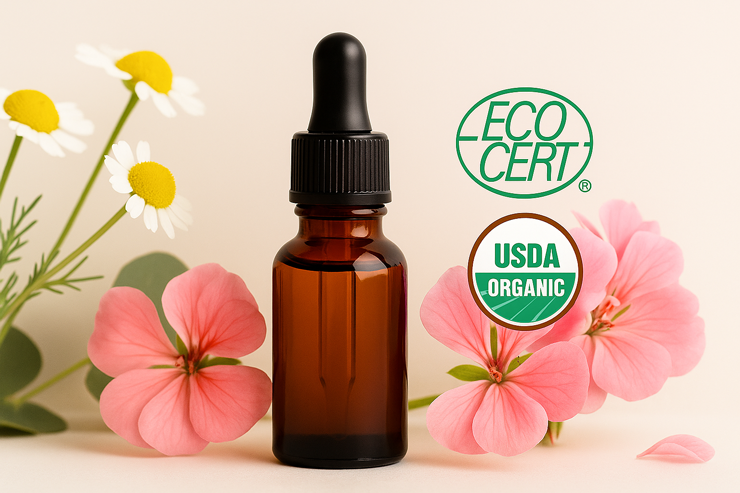 Fľaštička esenciálneho oleja s kvetmi a logami ECOCERT a USDA Organic.