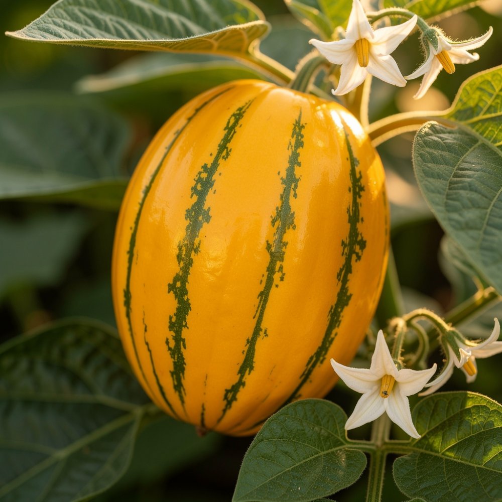 Zrelý pepino gold na rastline, žltooranžová plodina s tmavozelenými pruhmi Zrelý pepino gold na rastline, žltooranžová plodina s tmavozelenými pruhmi